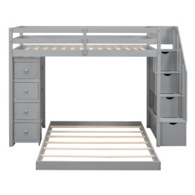 Twin Over Full Bunk Bed With 3-layer Shelves, Drawers And Storage Stairs