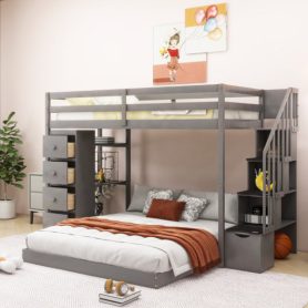 Twin Over Full Bunk Bed With 3-layer Shelves, Drawers And Storage Stairs