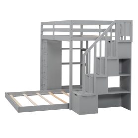 Twin Over Full Bunk Bed With 3-layer Shelves, Drawers And Storage Stairs