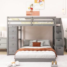 Twin Over Full Bunk Bed With 3-layer Shelves, Drawers And Storage Stairs