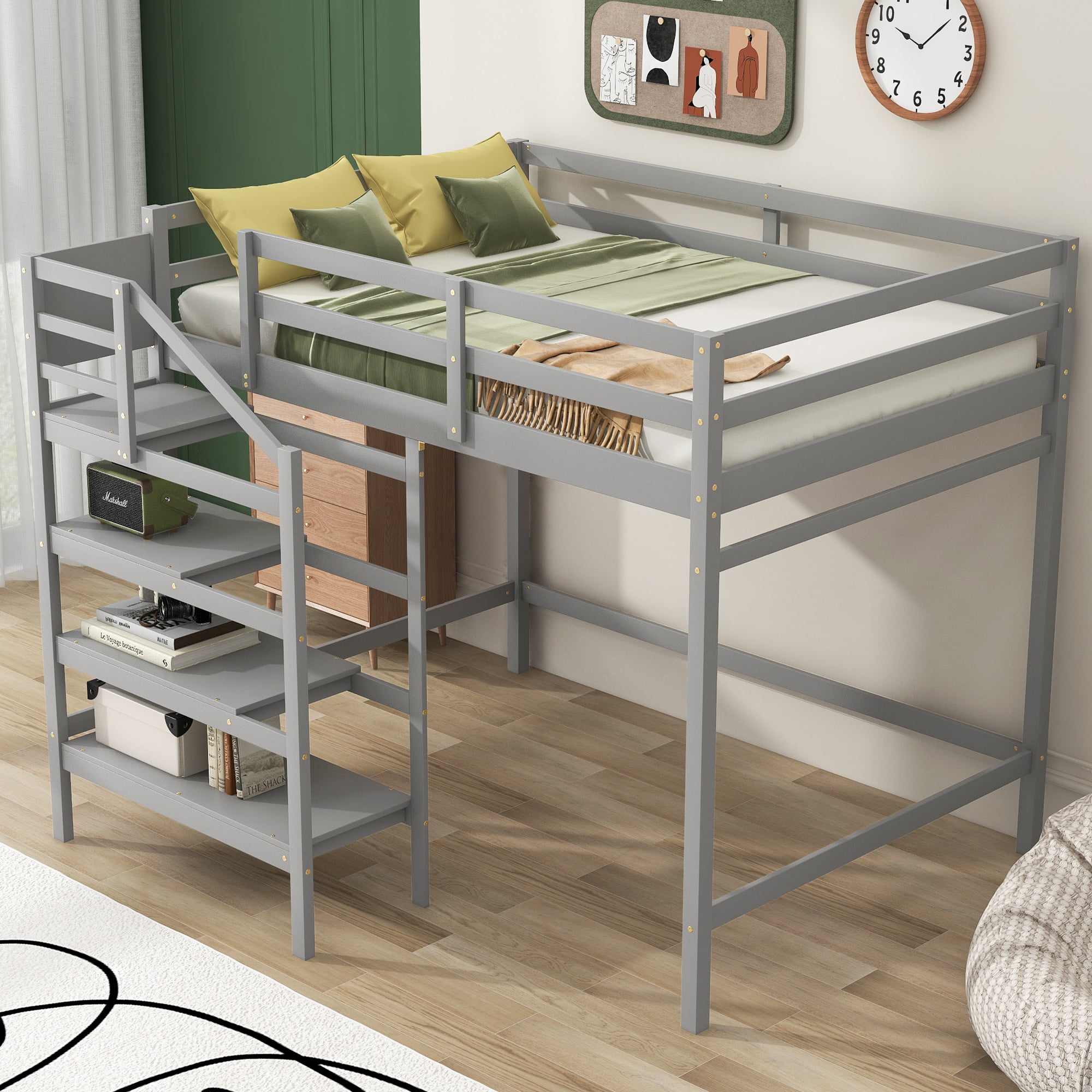 Full Size Loft Bed With Built-in Storage Staircase And Hanger