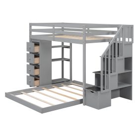 Twin Over Full Bunk Bed With 3-layer Shelves, Drawers And Storage Stairs