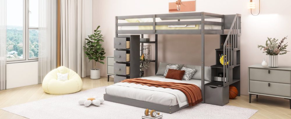 Twin Over Full Bunk Bed With 3-layer Shelves, Drawers And Storage ...