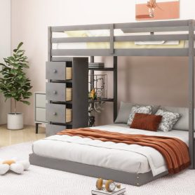 Twin Over Full Bunk Bed With 3-layer Shelves, Drawers And Storage Stairs