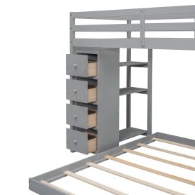 Twin Over Full Bunk Bed With 3-layer Shelves, Drawers And Storage Stairs