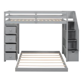 Twin Over Full Bunk Bed With 3-layer Shelves, Drawers And Storage Stairs