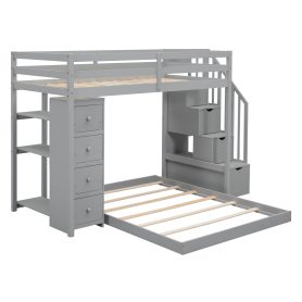 Twin Over Full Bunk Bed With 3-layer Shelves, Drawers And Storage Stairs