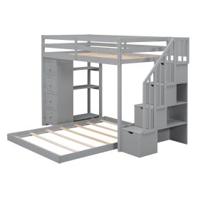 Twin Over Full Bunk Bed With 3-layer Shelves, Drawers And Storage Stairs