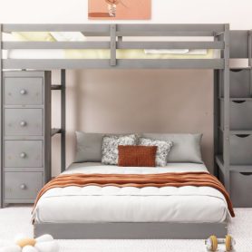 Twin Over Full Bunk Bed With 3-layer Shelves, Drawers And Storage Stairs