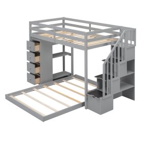 Twin Over Full Bunk Bed With 3-layer Shelves, Drawers And Storage Stairs