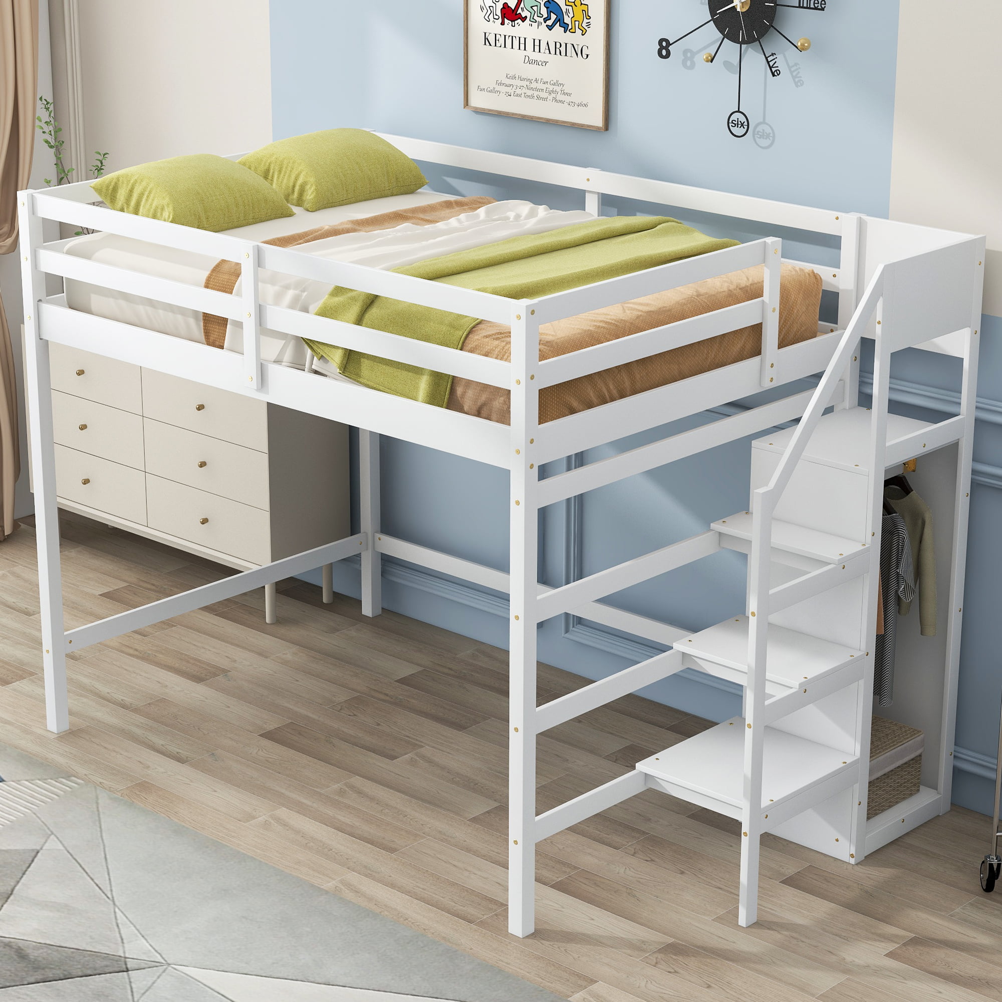 Full Size Loft Bed With Built-in Storage Wardrobe & Staircase