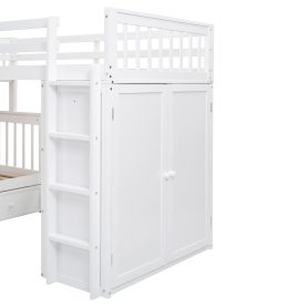 Twin-Twin over Full L-Shaped Bunk Bed With 3 Drawers, Portable Desk and Wardrobe