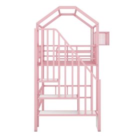 Twin Size Metal Loft Bed With Roof Design And A Storage Box