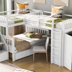 Twin-Twin over Full L-Shaped Bunk Bed With 3 Drawers, Portable Desk and Wardrobe