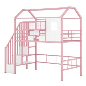 Twin Size Metal Loft Bed With Roof Design And A Storage Box