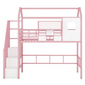 Twin Size Metal Loft Bed With Roof Design And A Storage Box