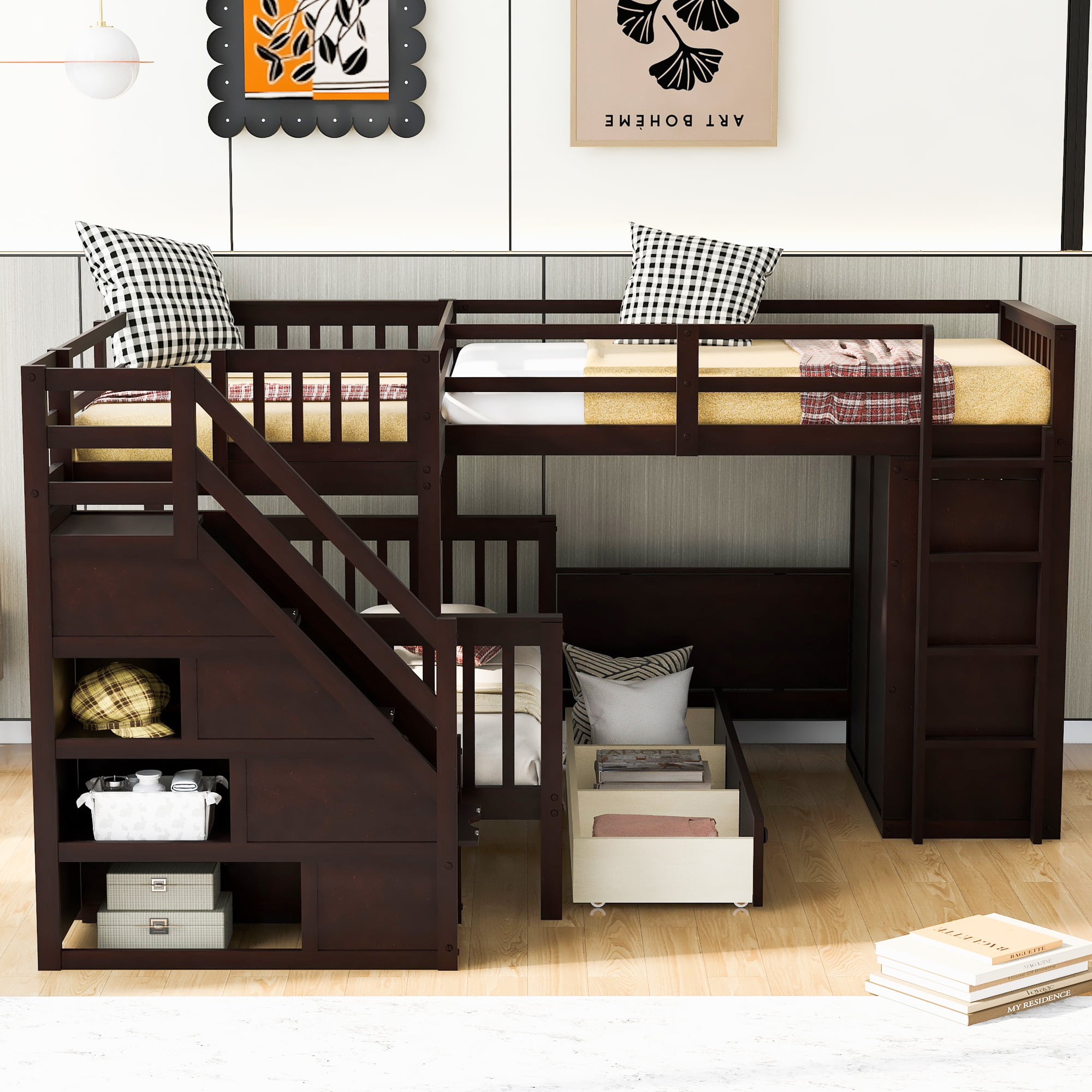 Twin-Twin over Full L-Shaped Bunk Bed With 3 Drawers, Portable Desk and Wardrobe