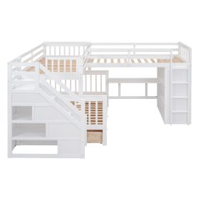 Twin-Twin over Full L-Shaped Bunk Bed With 3 Drawers, Portable Desk and Wardrobe