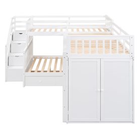 Twin-Twin over Full L-Shaped Bunk Bed With 3 Drawers, Portable Desk and Wardrobe