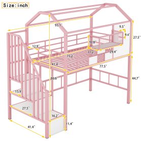 Twin Size Metal Loft Bed With Roof Design And A Storage Box