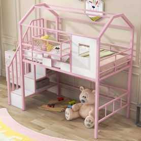 Twin Size Metal Loft Bed With Roof Design And A Storage Box