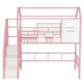 Twin Size Metal Loft Bed With Roof Design And A Storage Box