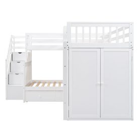 Twin-Twin over Full L-Shaped Bunk Bed With 3 Drawers, Portable Desk and Wardrobe