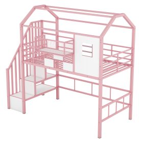 Twin Size Metal Loft Bed With Roof Design And A Storage Box