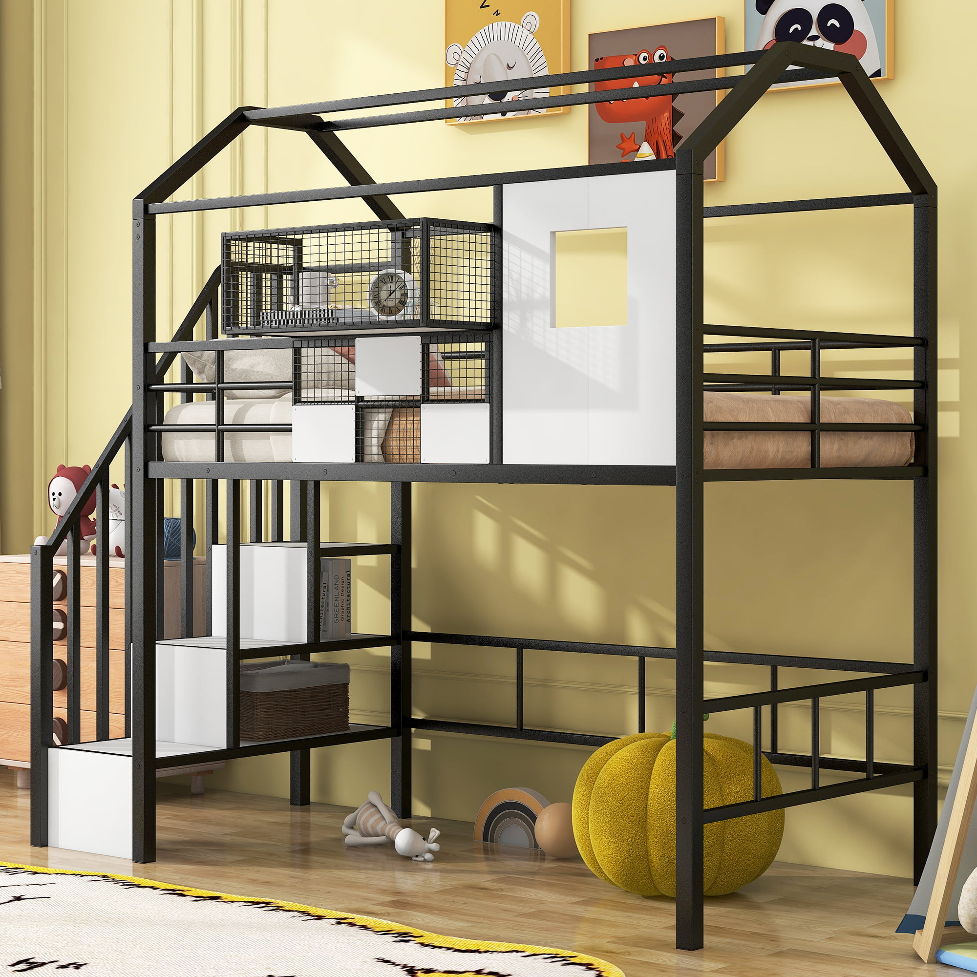 Twin Size Metal Loft Bed With Roof Design And A Storage Box