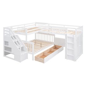 Twin-Twin over Full L-Shaped Bunk Bed With 3 Drawers, Portable Desk and Wardrobe