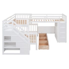 Twin-Twin over Full L-Shaped Bunk Bed With 3 Drawers, Portable Desk and Wardrobe