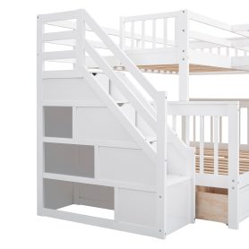 Twin-Twin over Full L-Shaped Bunk Bed With 3 Drawers, Portable Desk and Wardrobe