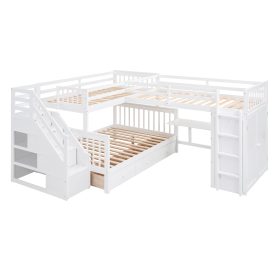 Twin-Twin over Full L-Shaped Bunk Bed With 3 Drawers, Portable Desk and Wardrobe