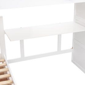 Twin-Twin over Full L-Shaped Bunk Bed With 3 Drawers, Portable Desk and Wardrobe