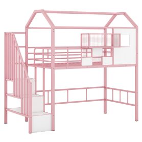 Twin Size Metal Loft Bed With Roof Design And A Storage Box