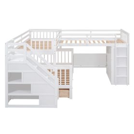 Twin-Twin over Full L-Shaped Bunk Bed With 3 Drawers, Portable Desk and Wardrobe