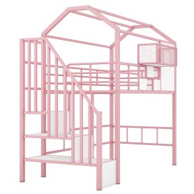 Twin Size Metal Loft Bed With Roof Design And A Storage Box