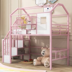 Twin Size Metal Loft Bed With Roof Design And A Storage Box