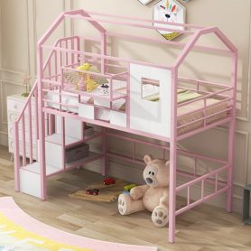 Twin Size Metal Loft Bed With Roof Design And A Storage Box
