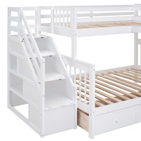 Twin-Twin over Full L-Shaped Bunk Bed With 3 Drawers, Portable Desk and Wardrobe