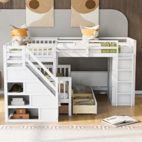 Twin-Twin over Full L-Shaped Bunk Bed With 3 Drawers, Portable Desk and Wardrobe