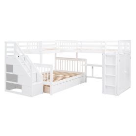 Twin-Twin over Full L-Shaped Bunk Bed With 3 Drawers, Portable Desk and Wardrobe