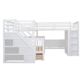 Twin-Twin over Full L-Shaped Bunk Bed With 3 Drawers, Portable Desk and Wardrobe