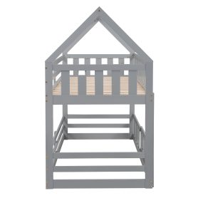 Low Twin over Twin House Bunk Bed with Fence and Door