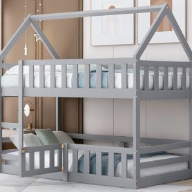 Low Twin over Twin House Bunk Bed with Fence and Door
