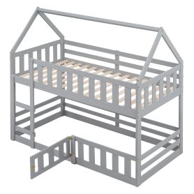 Low Twin over Twin House Bunk Bed with Fence and Door