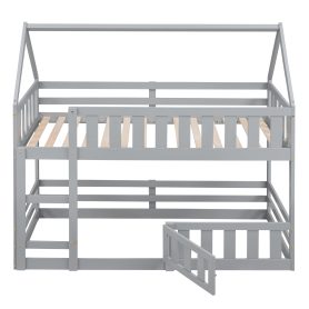 Low Twin over Twin House Bunk Bed with Fence and Door