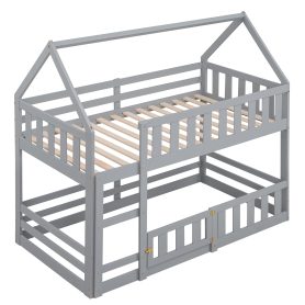 Low Twin over Twin House Bunk Bed with Fence and Door