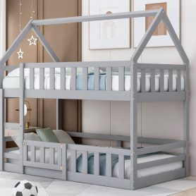 Low Twin over Twin House Bunk Bed with Fence and Door