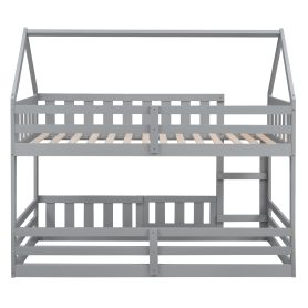 Low Twin over Twin House Bunk Bed with Fence and Door